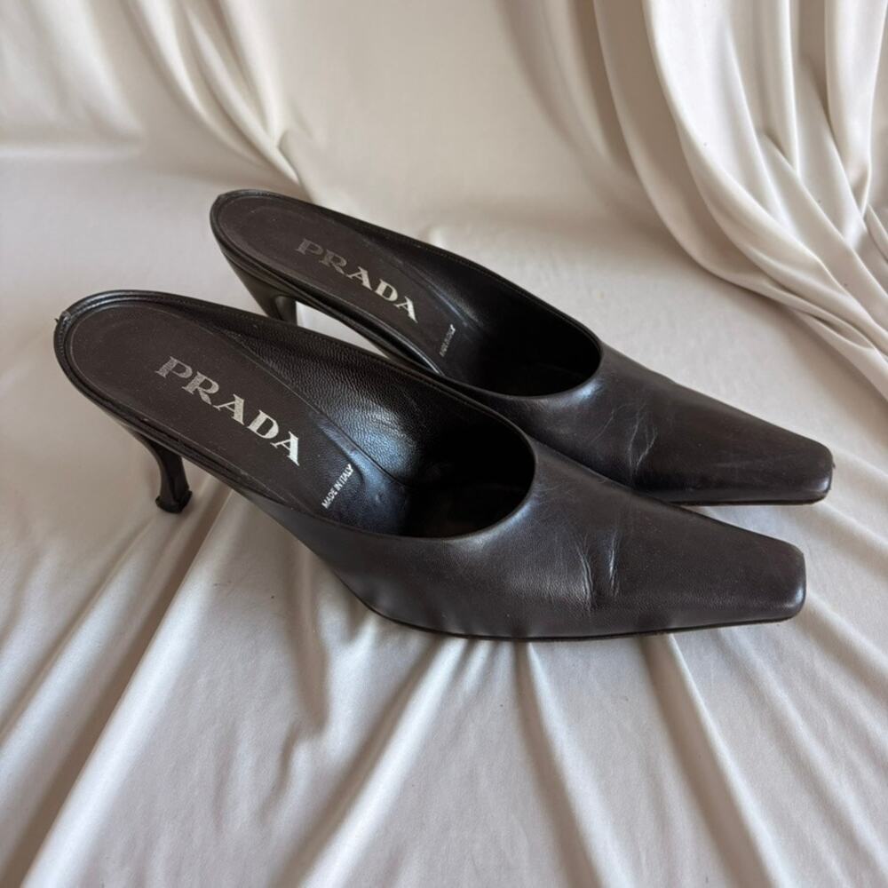 Prada Mules - Black Leather, Kitten Heel, Made in Italy, EU 39.5 / US 8.5